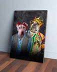 Custom 2-pet canvas featuring a pitbull in a red bandana and vest, and a bulldog in a crown and colorful robe.