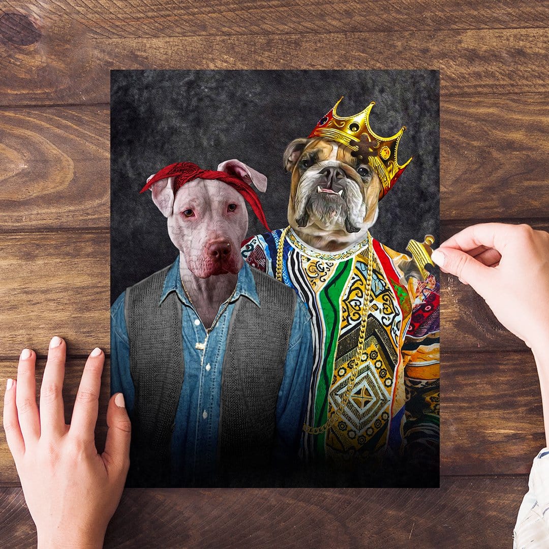 Personalized 2 pet puzzle featuring two dogs in hip-hop inspired royal and bandana outfits.