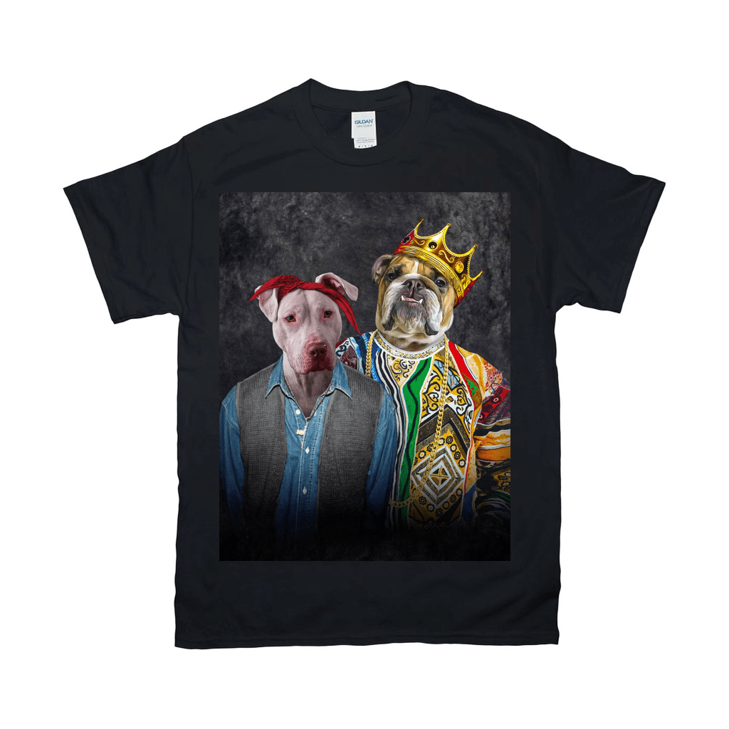 Black Gildan t-shirt featuring a personalized graphic of a pitbull in a bandana and a bulldog in a crown.