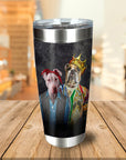 Personalized stainless steel tumbler with custom royal renaissance portraits of two dogs.