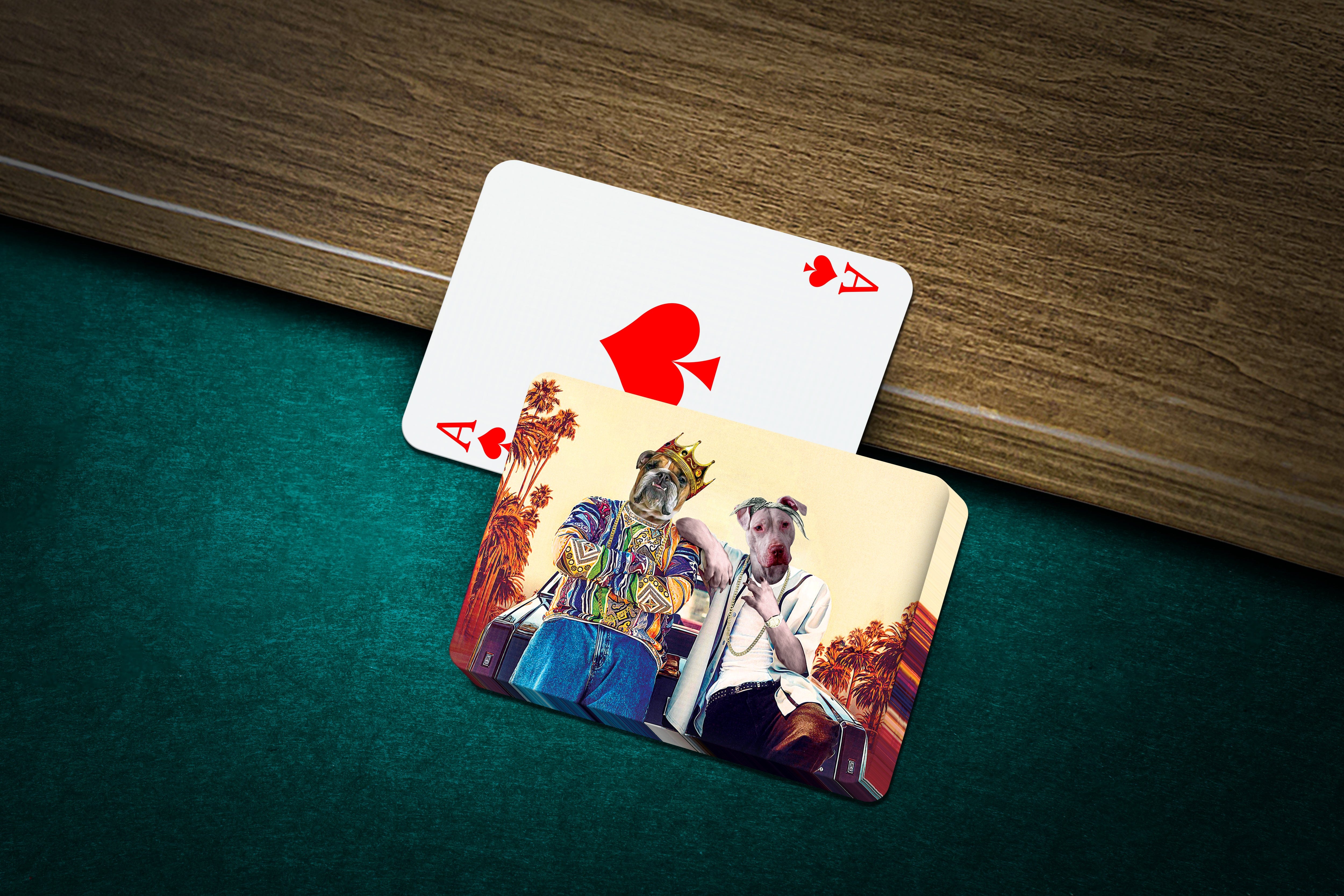Personalized playing cards featuring two pets in a California-themed cartoon portrait, next to an Ace of Spades.