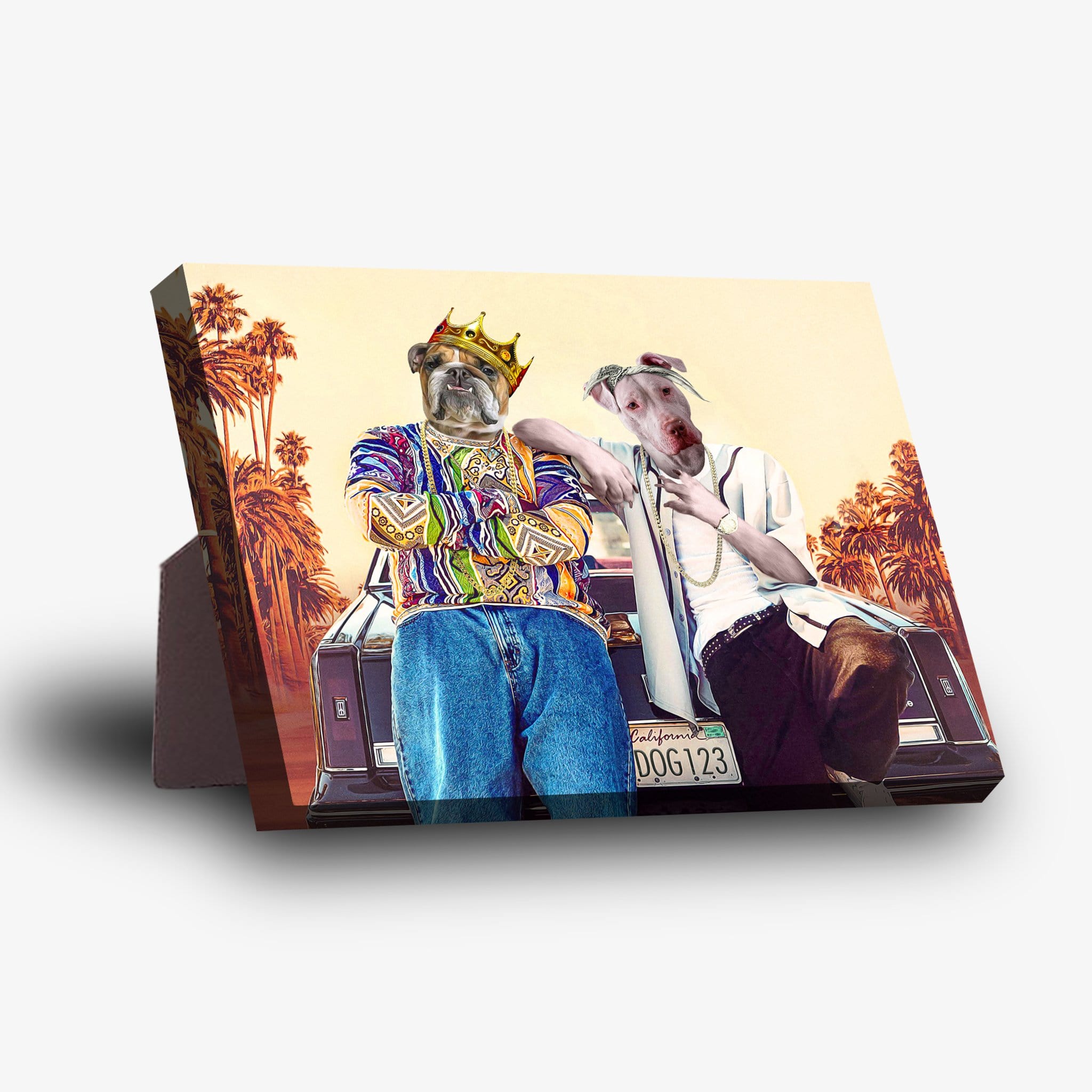 Personalized 2-pet standing canvas with dogs dressed as rappers, leaning on a car with California palms.