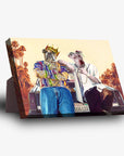 Personalized 2-pet standing canvas with dogs dressed as rappers, leaning on a car with California palms.