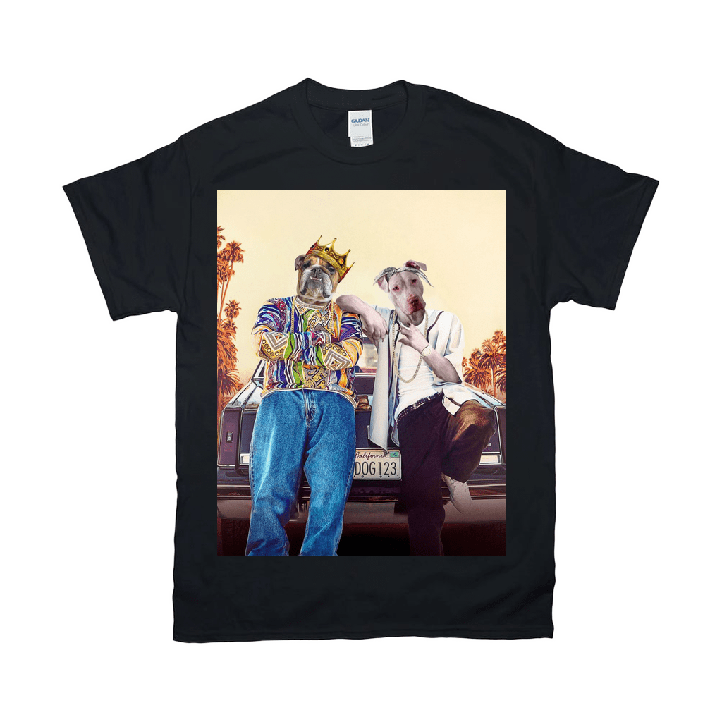 Black Gildan t-shirt with a graphic of two dogs dressed as rappers leaning on a car.