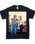 Black Gildan t-shirt with a graphic of two dogs dressed as rappers leaning on a car.