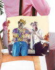 Personalized 2 pet tote bag with custom dog portraits in a California hip-hop style.