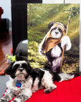 Black and white Shih Tzu dog named Wicket next to a personalized canvas of himself as an Ewok.