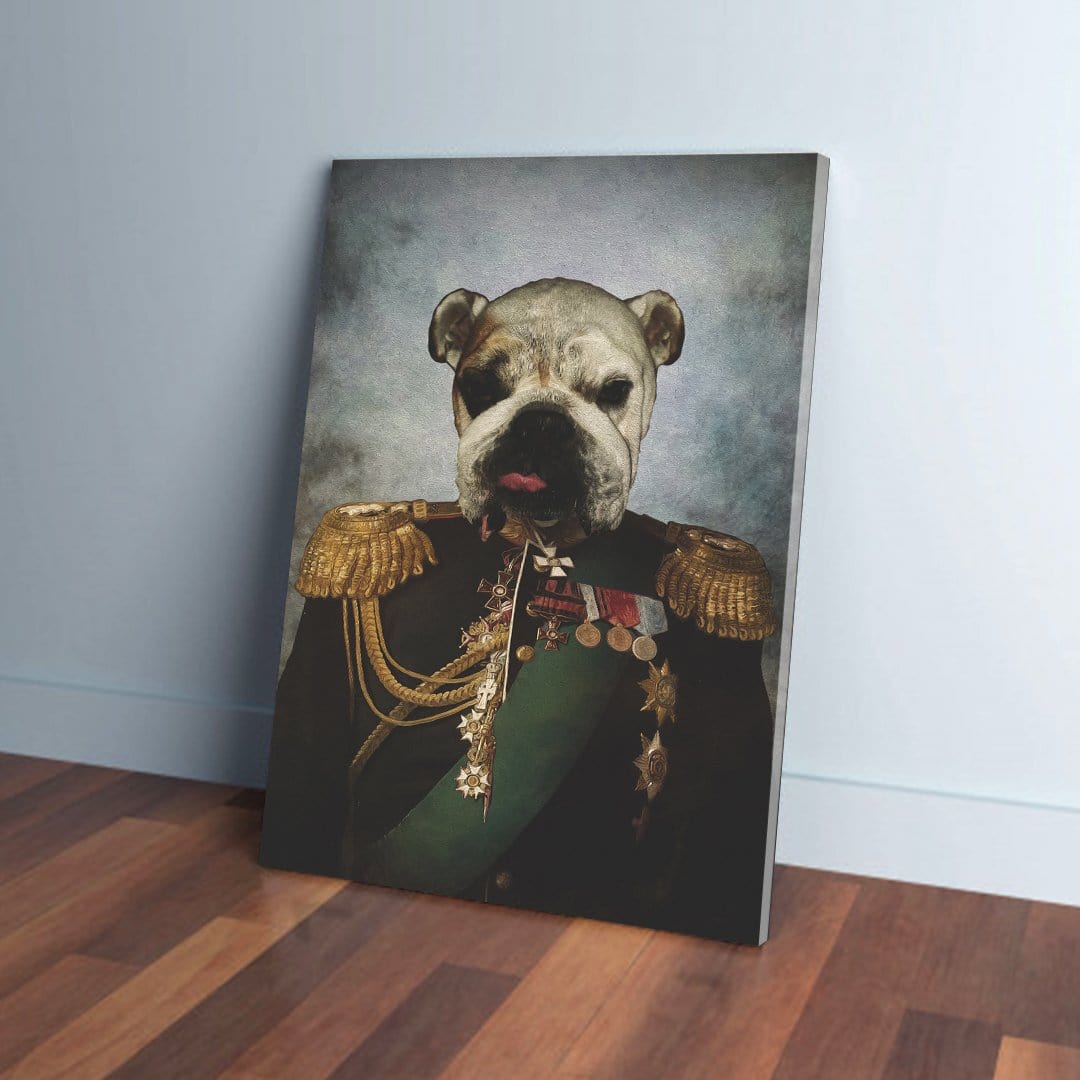 Personalized bulldog pet portrait canvas, "The General" design, featuring a dog in a military uniform.