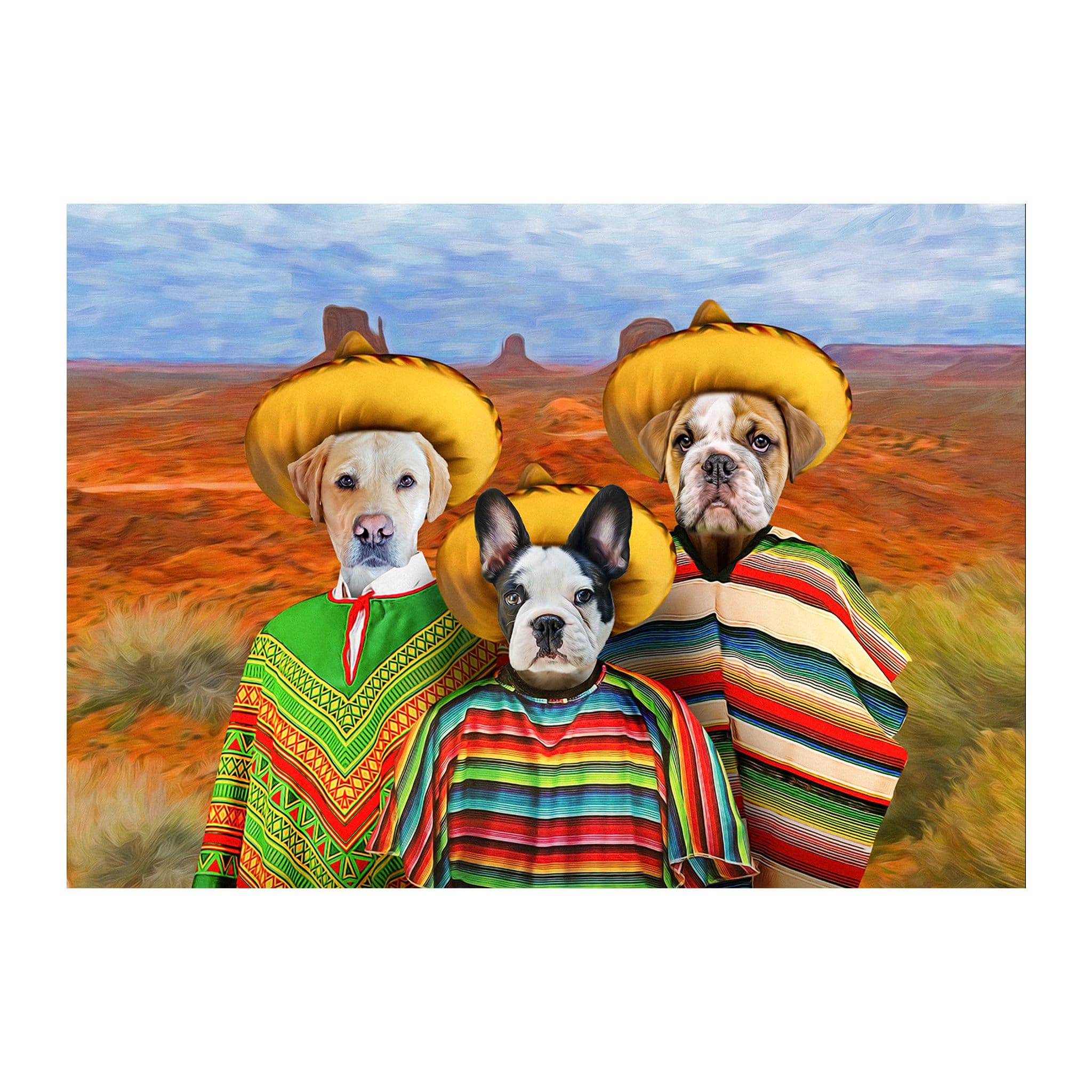 Custom '3 Amigos' digital portrait of three pets in sombreros and ponchos in a desert landscape.