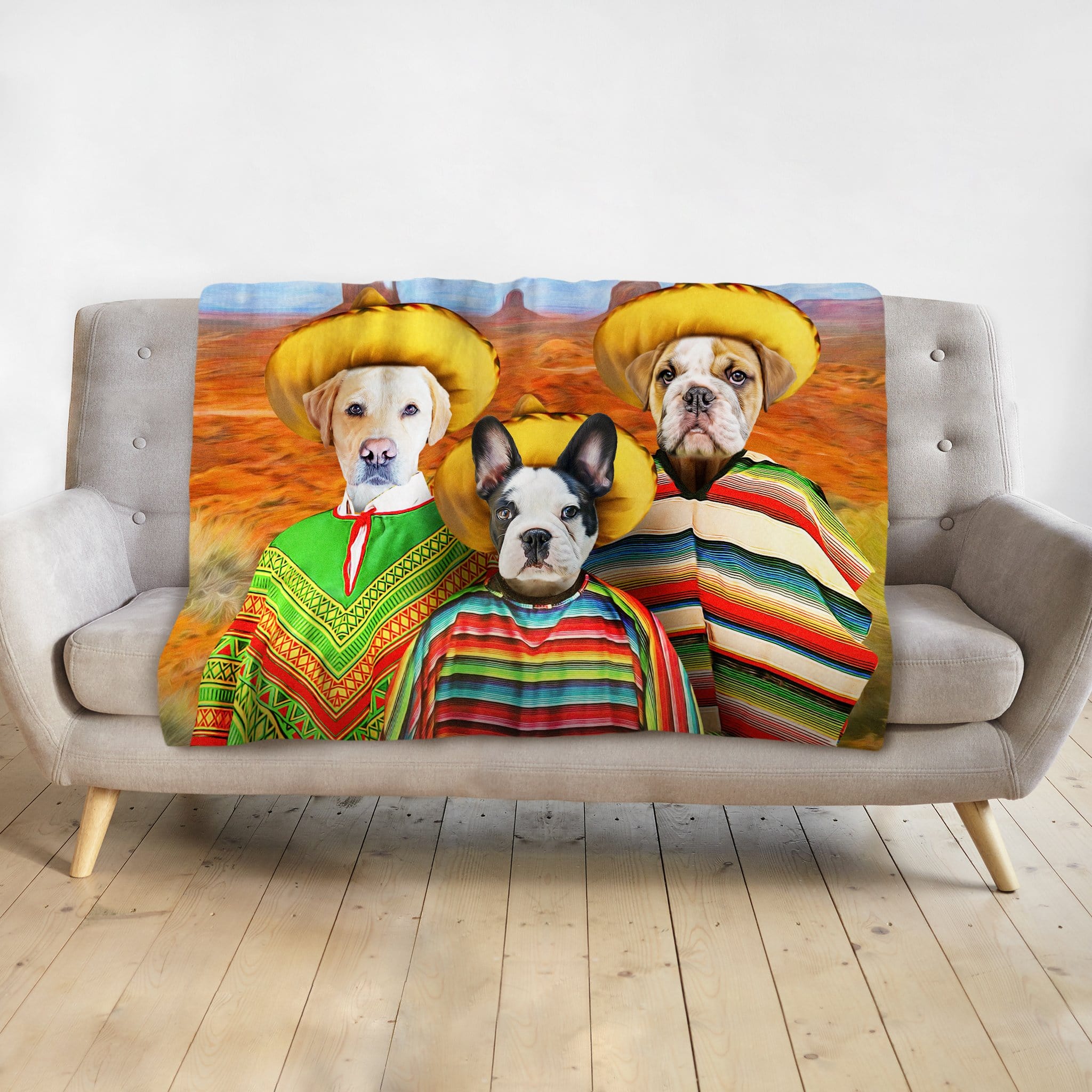 Custom '3 Amigos' personalized pet blanket with three dogs in sombreros and ponchos.