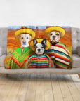 Custom '3 Amigos' personalized pet blanket with three dogs in sombreros and ponchos.