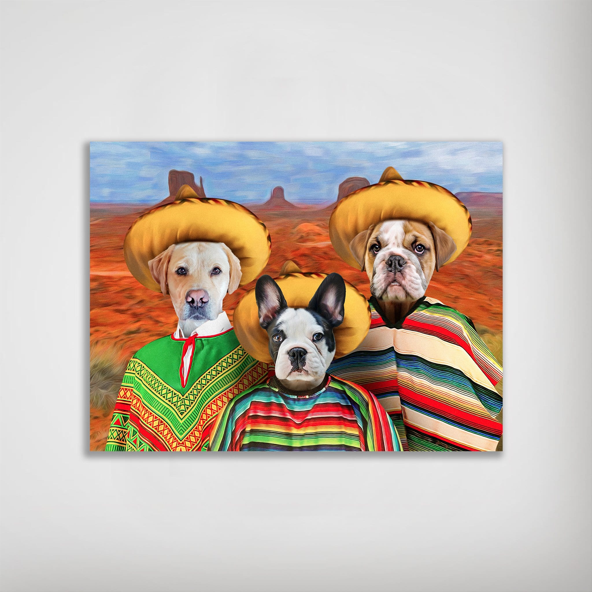 Personalized '3 Amigos' pet poster featuring three dogs in sombreros and colorful ponchos against a desert backdrop.