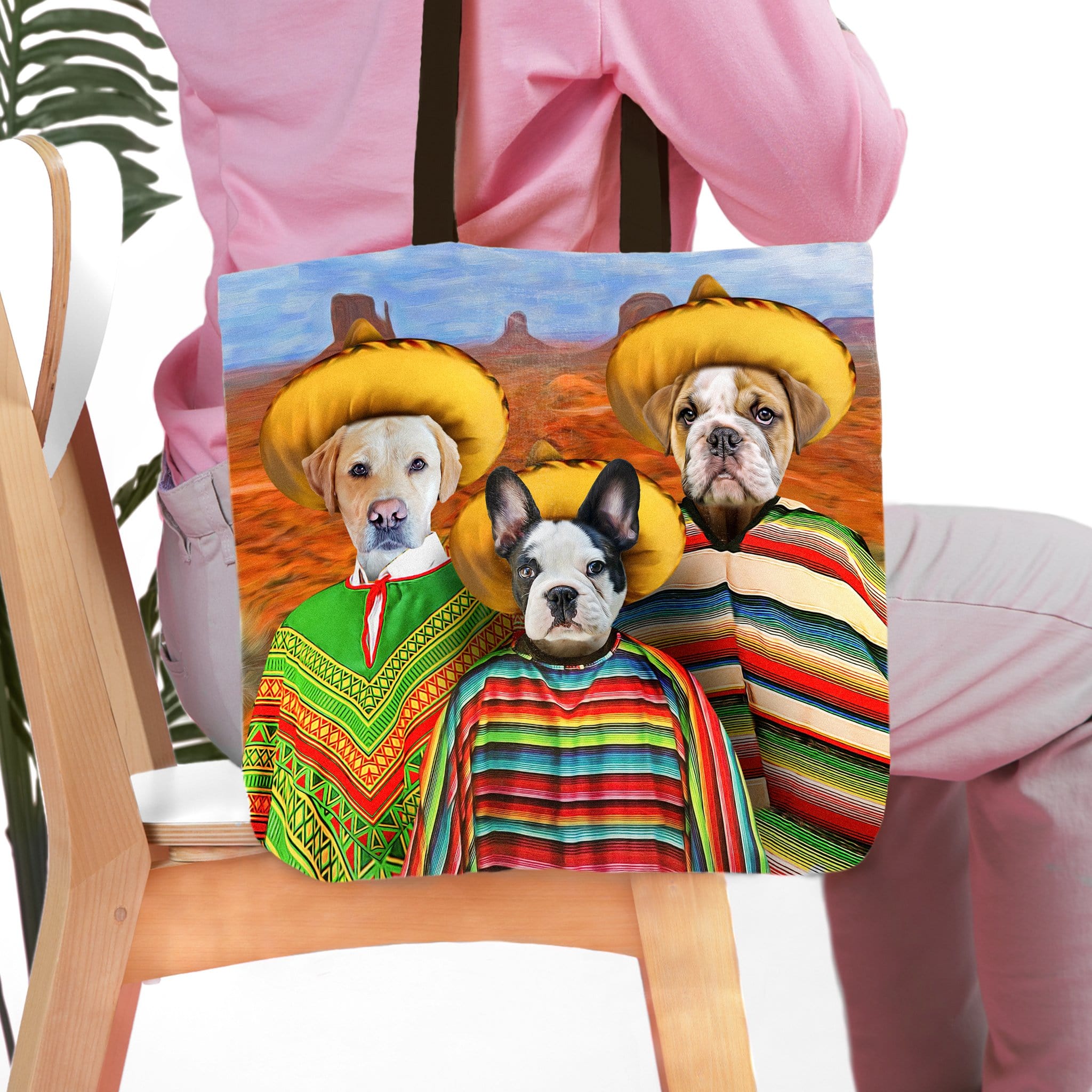 Personalized 3 pet tote bag with dogs in sombreros and ponchos against a desert background.