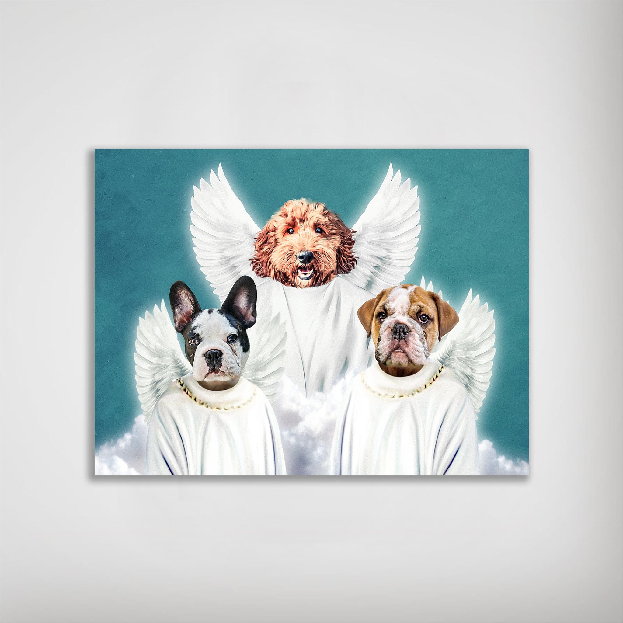 Personalized '3 Angels' poster featuring three dogs with white angel wings and robes on a blue background.