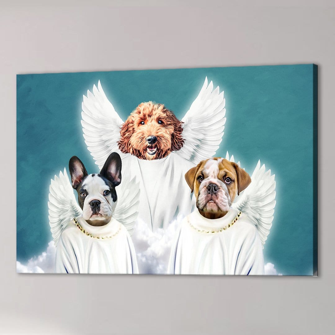 Personalized '3 Angels' pet canvas featuring a doodle, French bulldog, and English bulldog as angels on a blue background.
