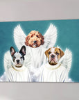 Personalized '3 Angels' pet canvas featuring a doodle, French bulldog, and English bulldog as angels on a blue background.