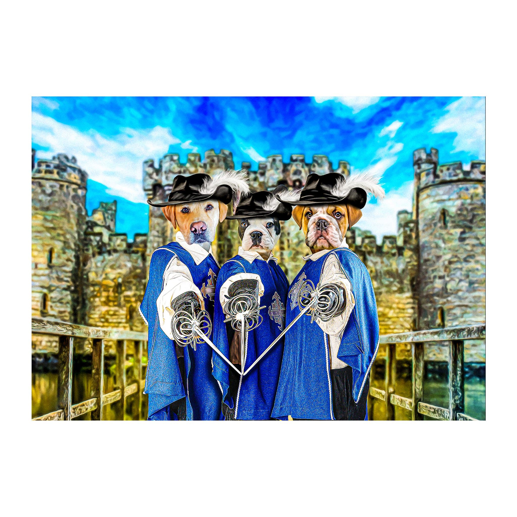 Custom 3 pet digital portrait featuring dogs in '3 Musketeers' renaissance attire with a castle background.