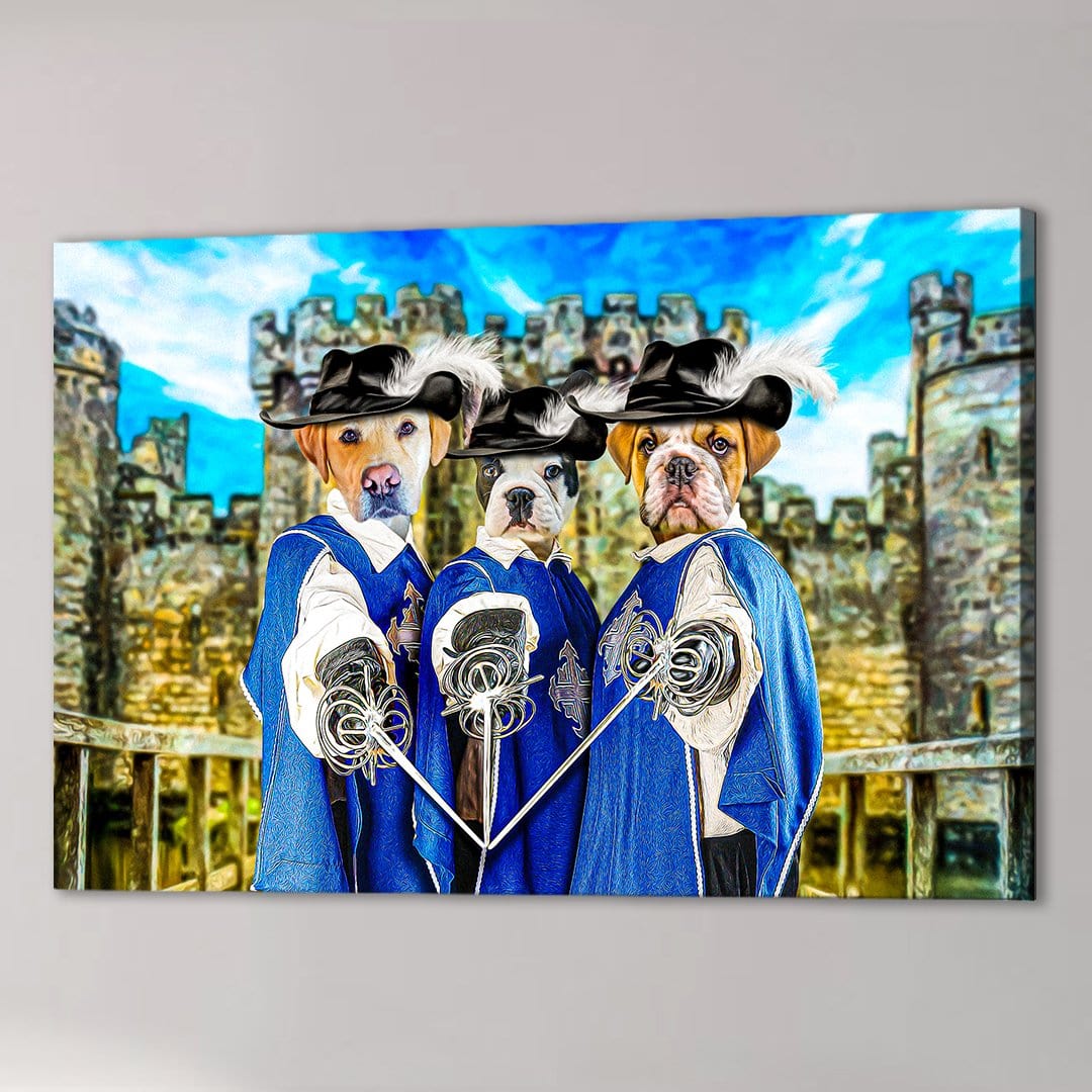 Custom '3 Musketeers' pet canvas featuring three dogs in blue costumes and feathered hats, holding swords, with a castle background.