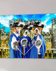 Custom '3 Musketeers' pet canvas featuring three dogs in blue costumes and feathered hats, holding swords, with a castle background.