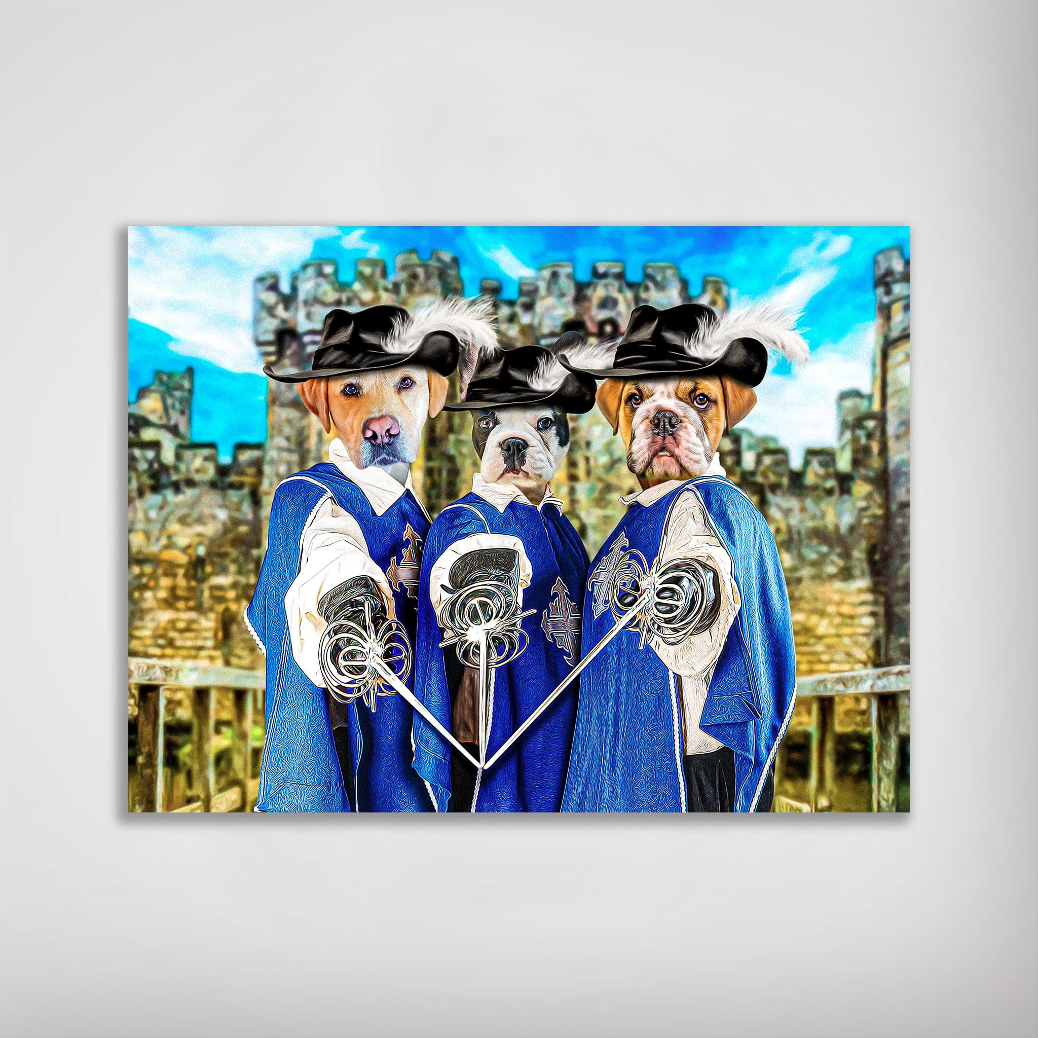 Personalized '3 Musketeers' pet poster featuring three dogs in blue capes and feathered hats, holding swords.