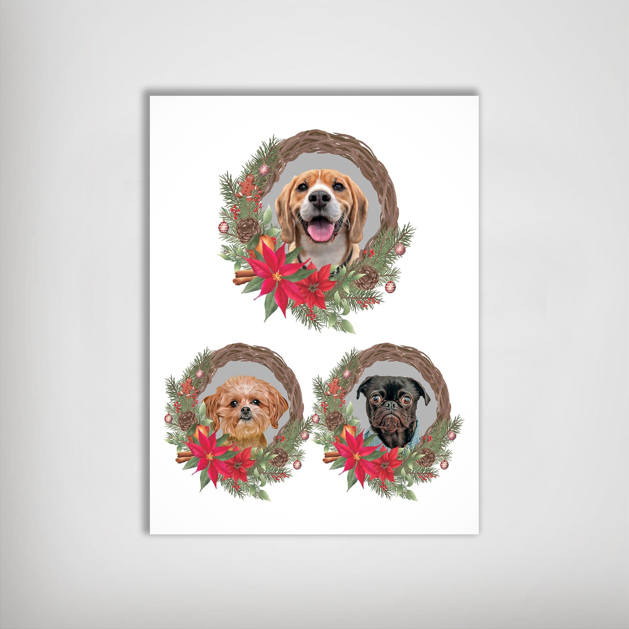 Personalized Christmas wreath poster featuring three custom pet portraits: a beagle, a small brown dog, and a black pug.