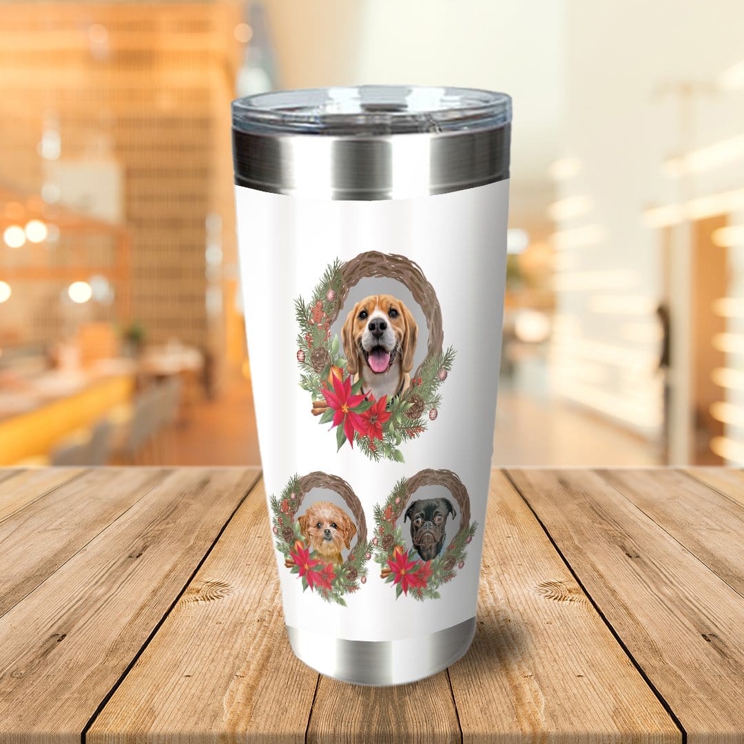 Personalized white stainless steel tumbler with three custom pet portraits in Christmas wreath designs.