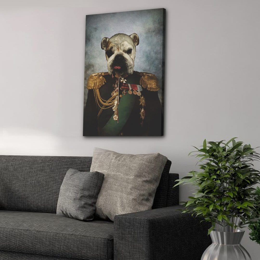 Personalized bulldog pet portrait canvas in a general's uniform, hanging above a gray sofa.