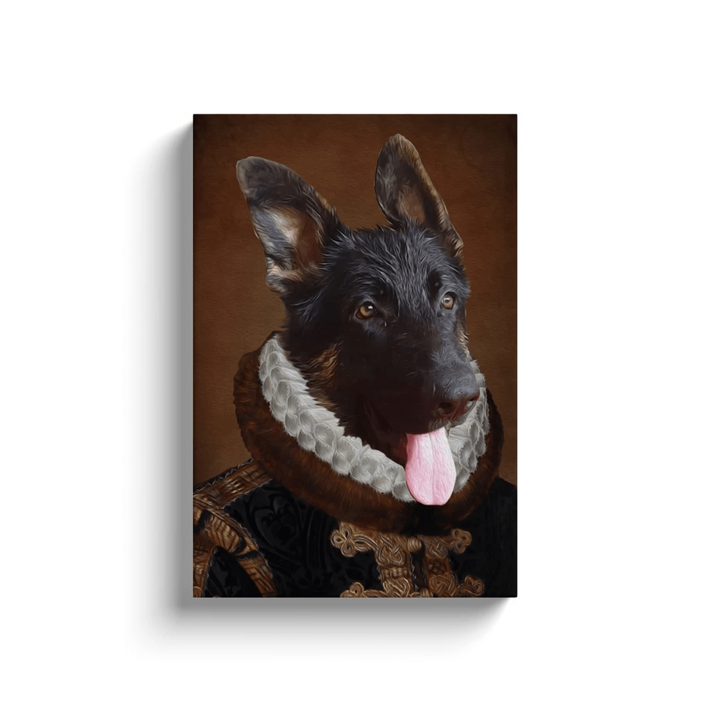 Personalized "The Duke" canvas featuring a German Shepherd in a regal, brown and gold Renaissance-style costume.