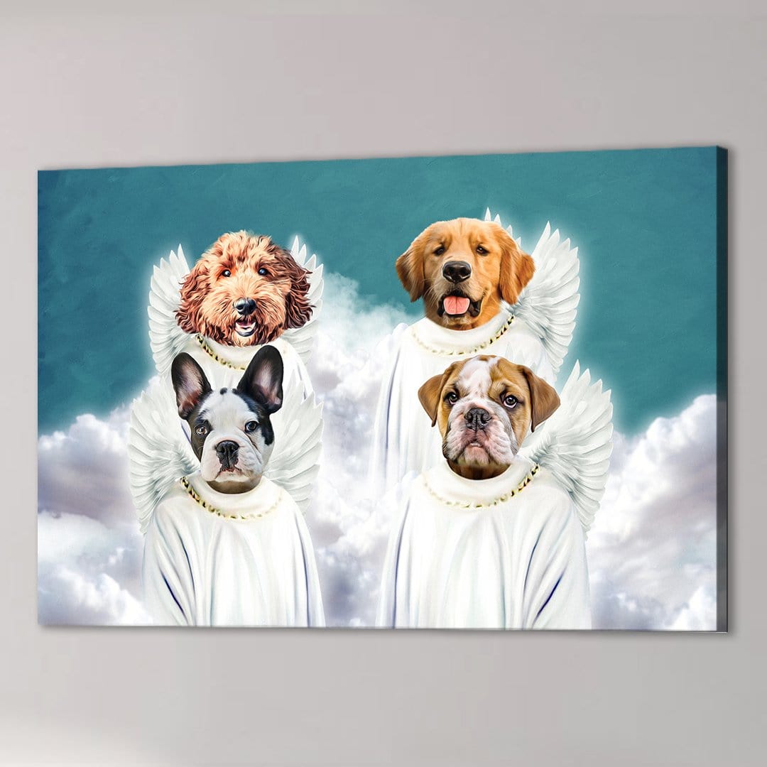 Personalized '4 Angels' canvas featuring four dogs (golden retriever, doodle, French bulldog, bulldog) with white angel wings and robes against a blue sky with clouds.