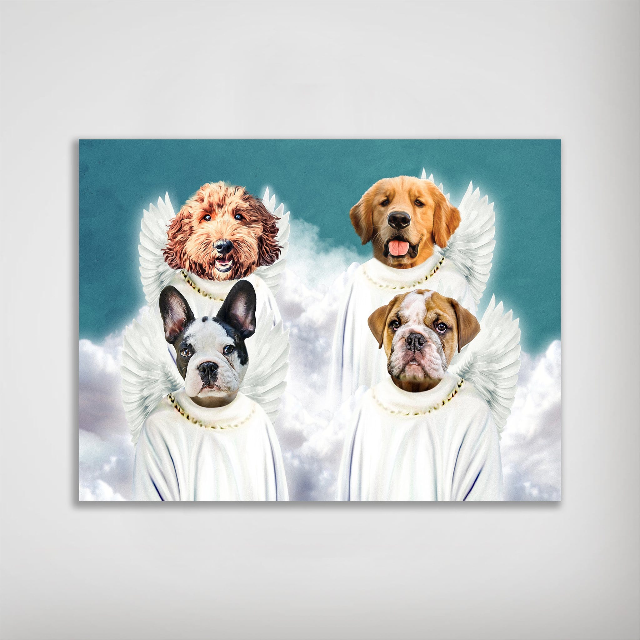 Personalized '4 Angels' pet poster featuring four dogs with white robes, gold halos, and wings on a cloudy blue background.
