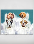 Personalized '4 Angels' pet poster featuring four dogs with white robes, gold halos, and wings on a cloudy blue background.