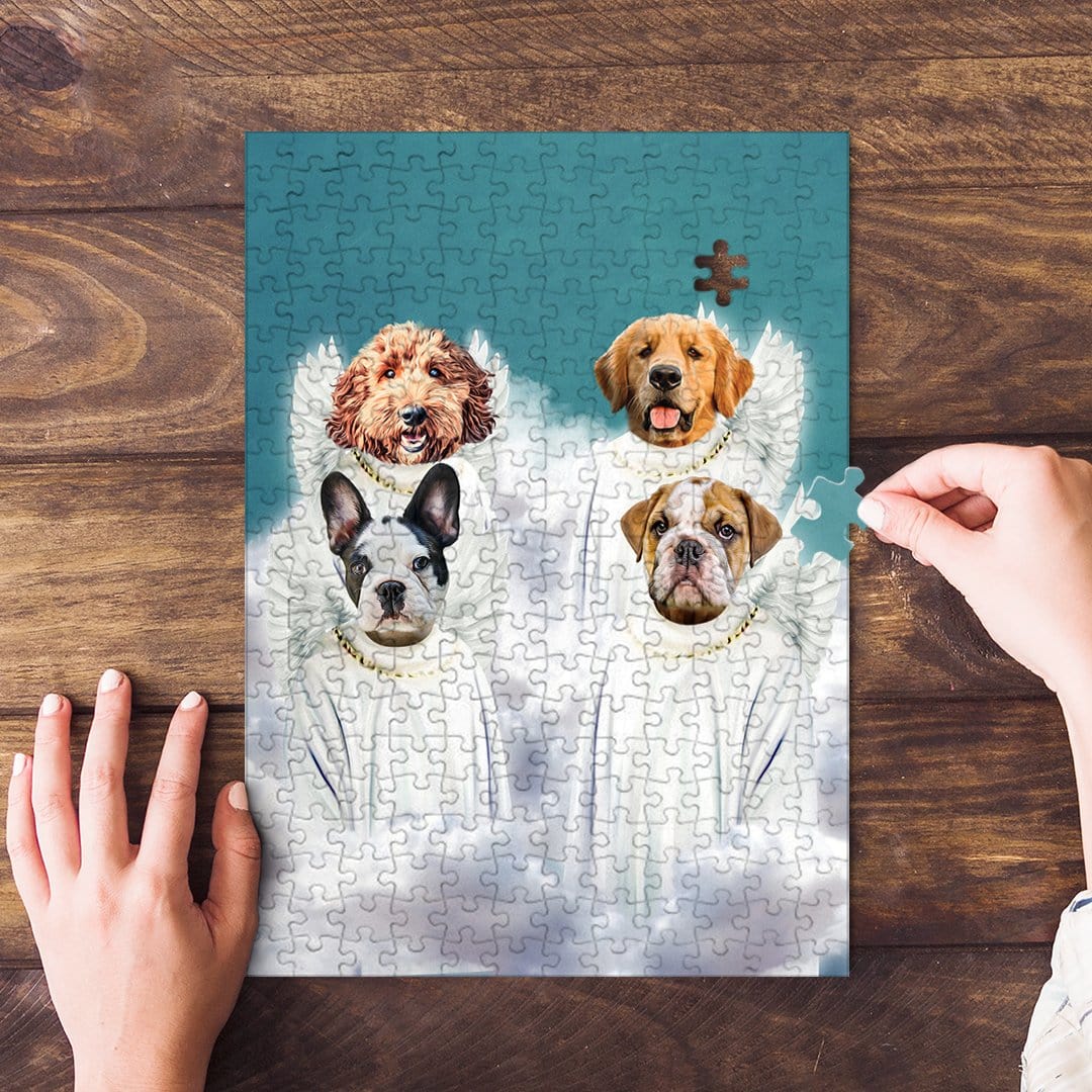 Personalized 4-pet puzzle featuring custom dog portraits as angels on a blue background.