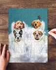 Personalized 4-pet puzzle featuring custom dog portraits as angels on a blue background.