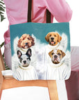 Personalized pet portrait tote bag featuring four dogs as angels on a blue background.