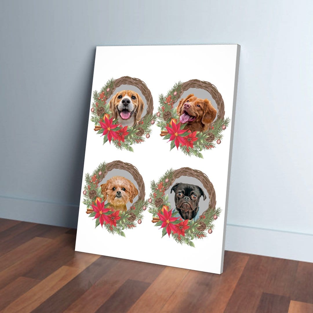 Personalized Christmas wreath canvas featuring four different pet portraits with festive red poinsettias.