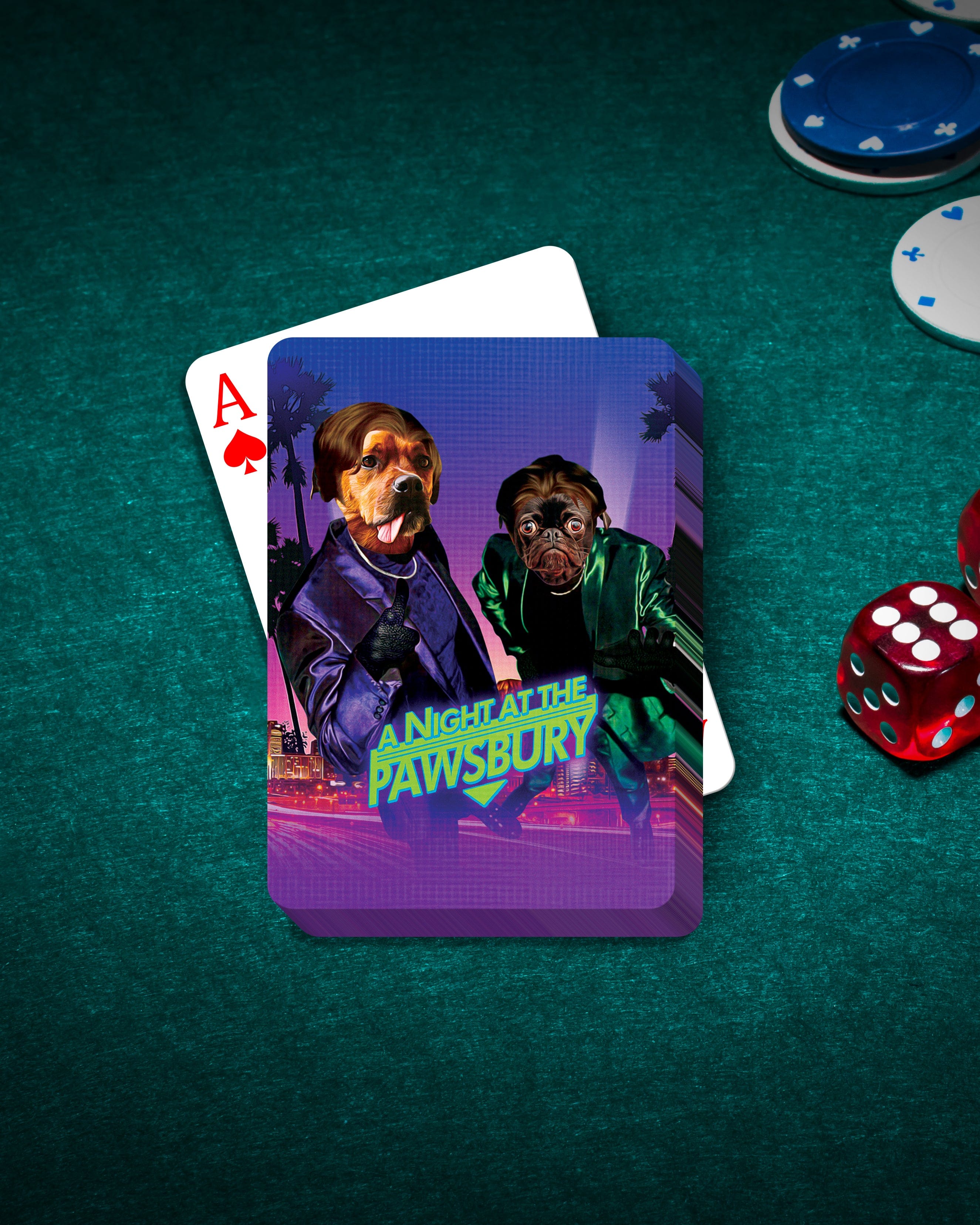 Personalized playing cards featuring two pets in "A Night At The Pawsbury" custom portrait style on a green felt table.