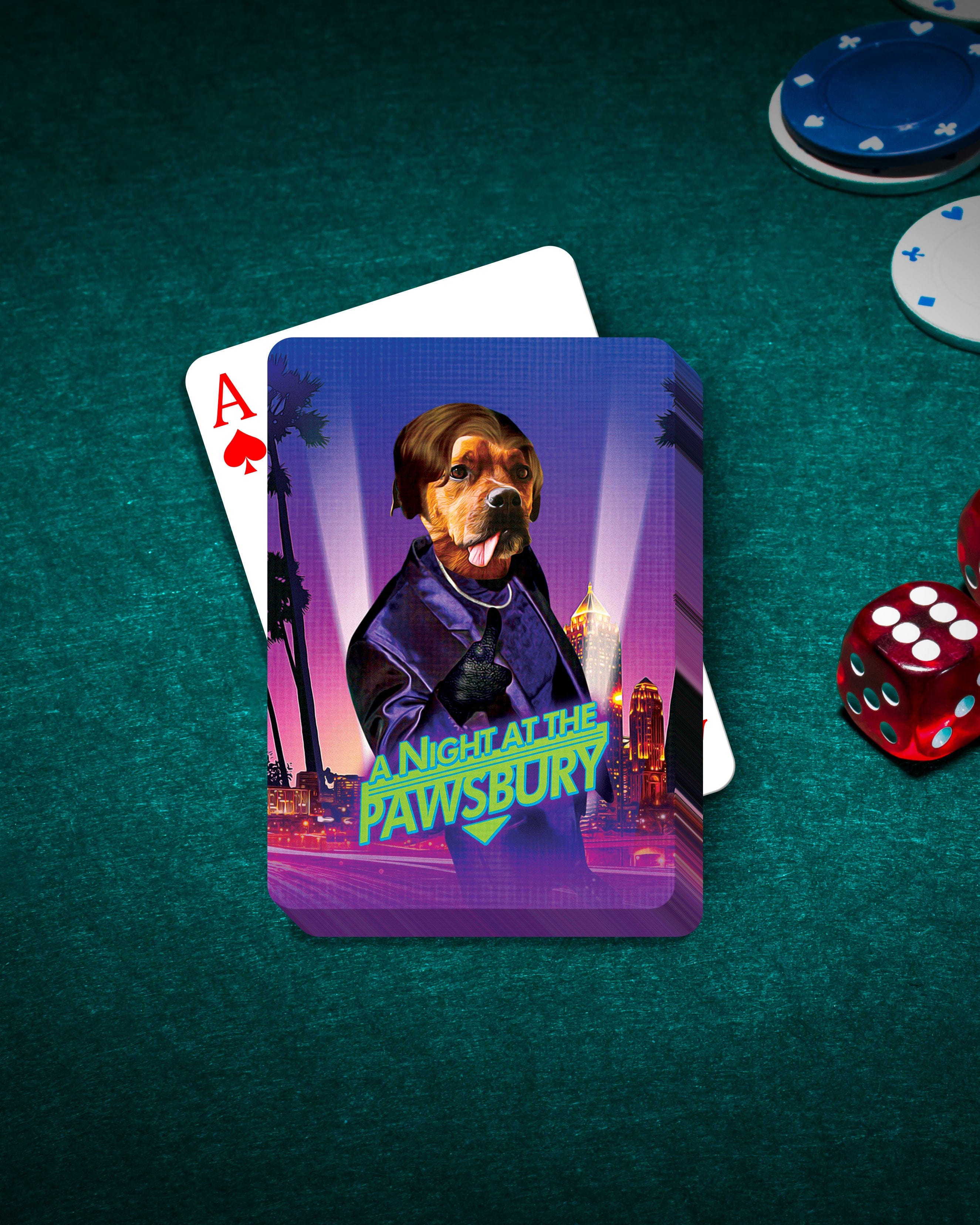 Personalized pet playing cards featuring a dog in a purple suit with a city skyline.