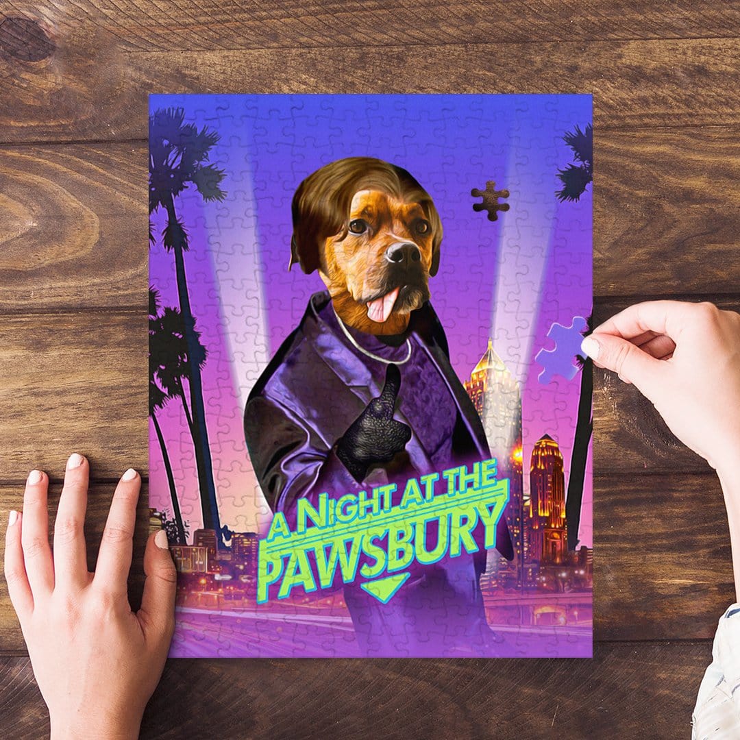 Personalized pet puzzle featuring a dog in a purple suit against a city skyline.
