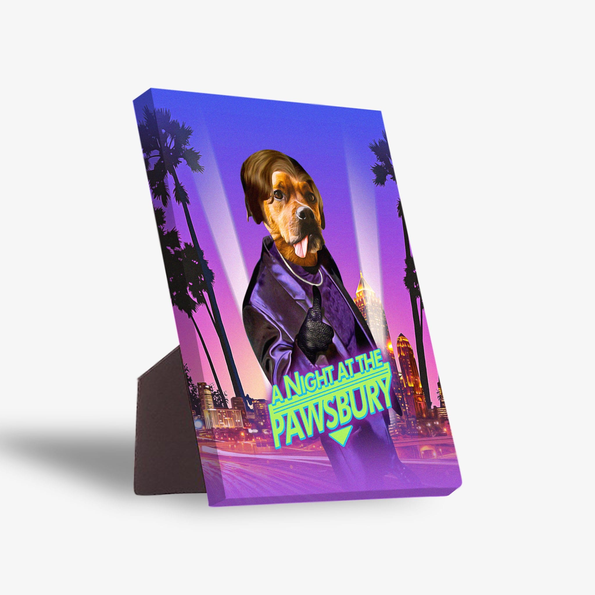 Personalized pet canvas featuring a dog in a purple suit against a retro city skyline with palm trees.