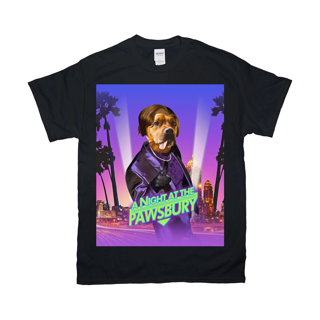 Black Gildan unisex t-shirt featuring a personalized dog portrait in a purple suit with "A Night At The Pawsbury" text.