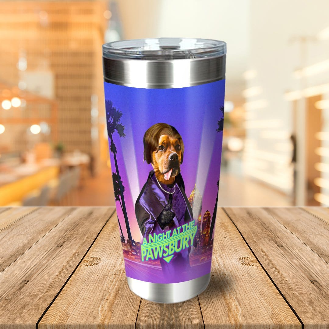 Personalized stainless steel tumbler with a custom dog portrait in a retro "A Night At The Pawsbury" design.