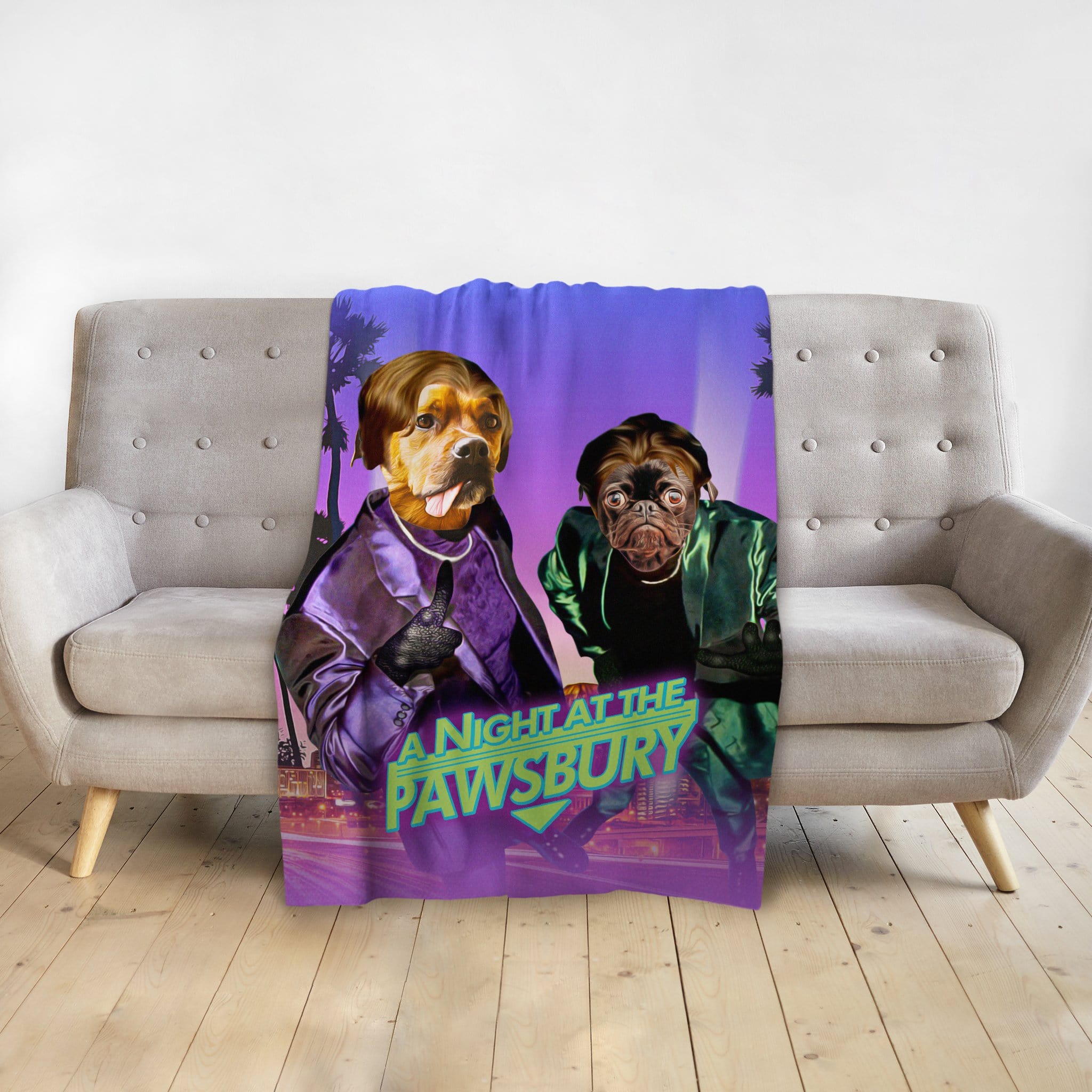 Personalized 2 pet blanket with dog and pug in "A Night at the Pawsbury" movie poster style.