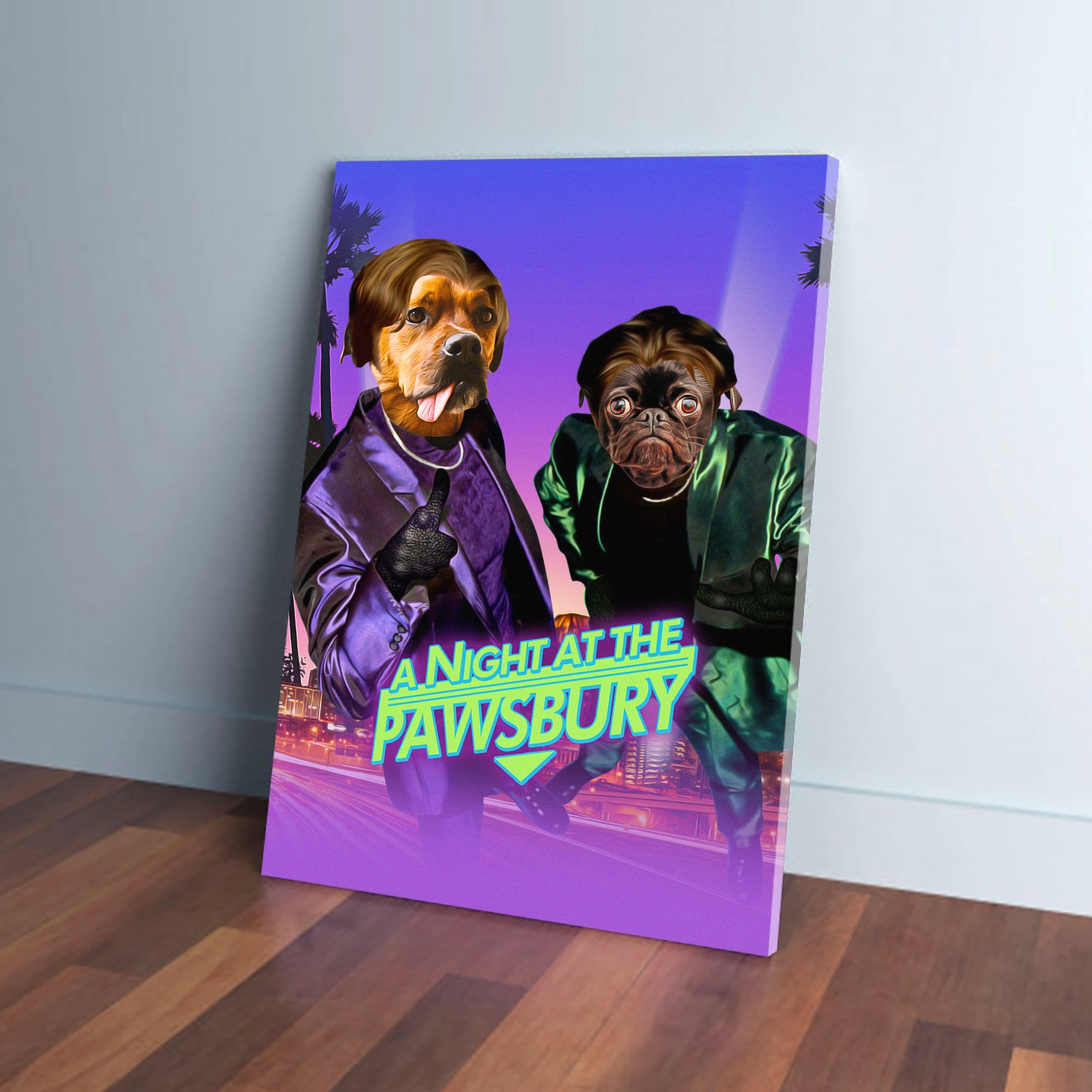 Personalized 2-pet canvas featuring a dog and pug in purple and green suits, titled "A Night at the Pawsbury.
