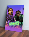Personalized 2-pet canvas featuring a dog and pug in purple and green suits, titled "A Night at the Pawsbury.