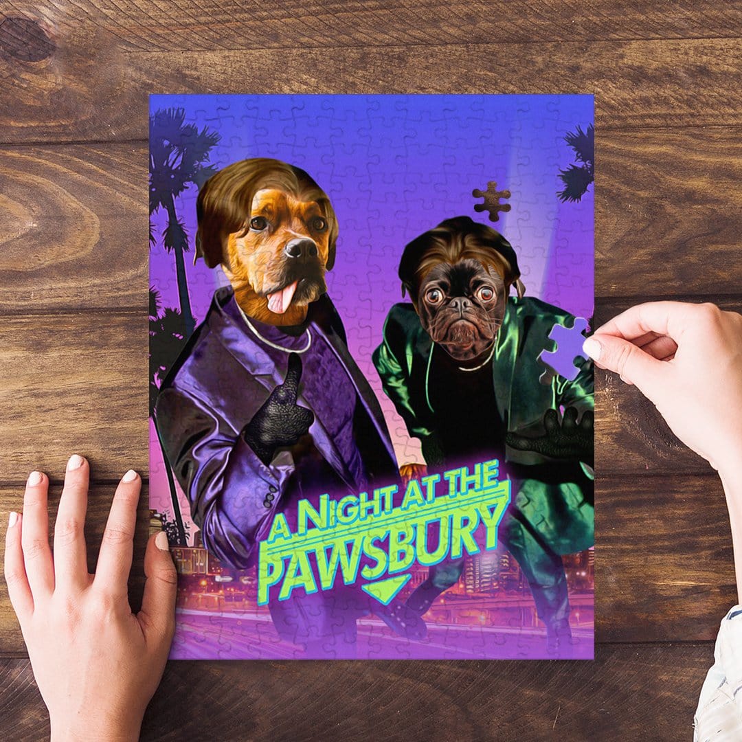 Personalized 2 pet puzzle with dogs in purple and green suits, "A Night at the Pawsbury" title.