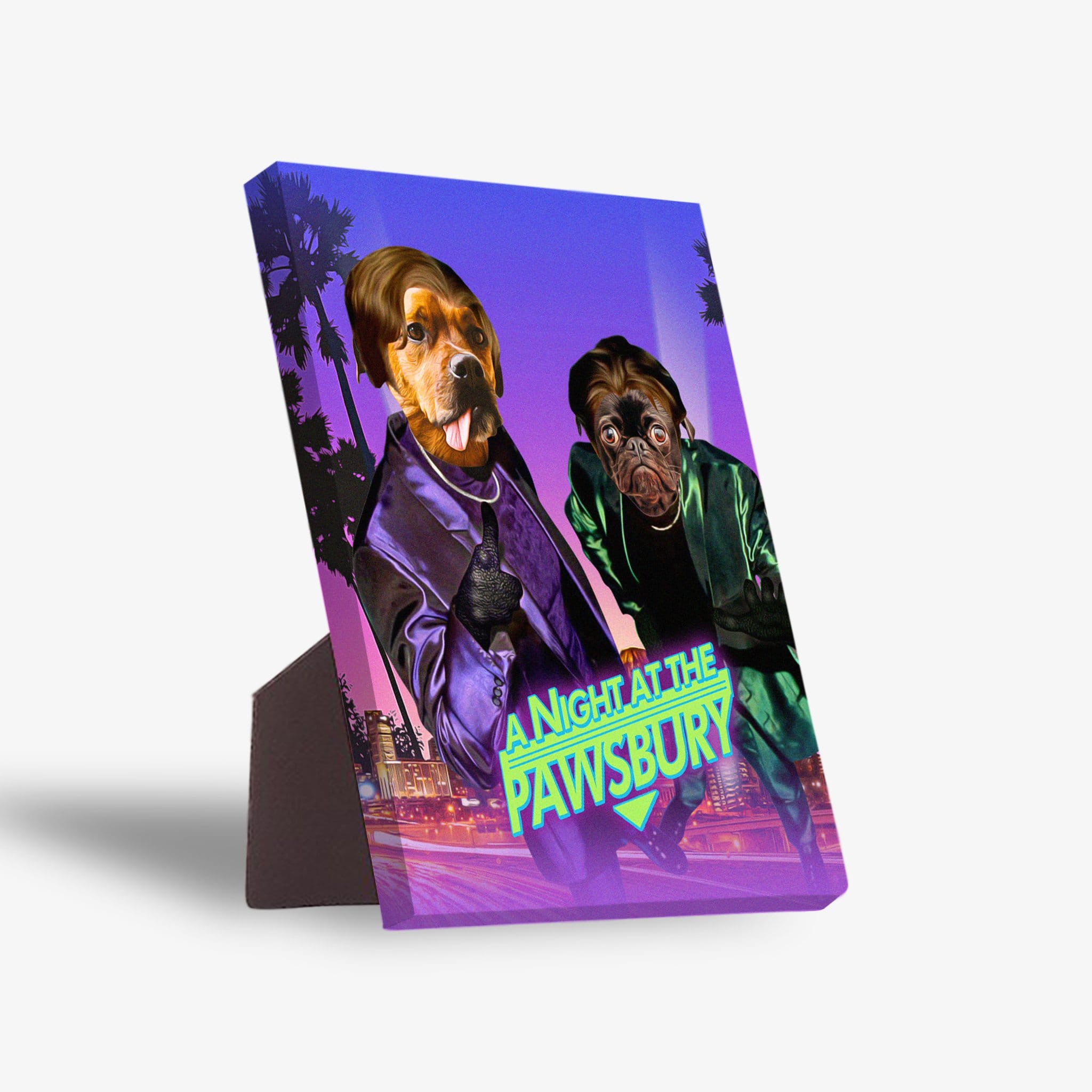 Personalized 'A Night at the Pawsbury' standing canvas featuring two pets in retro suits against a vibrant city background.
