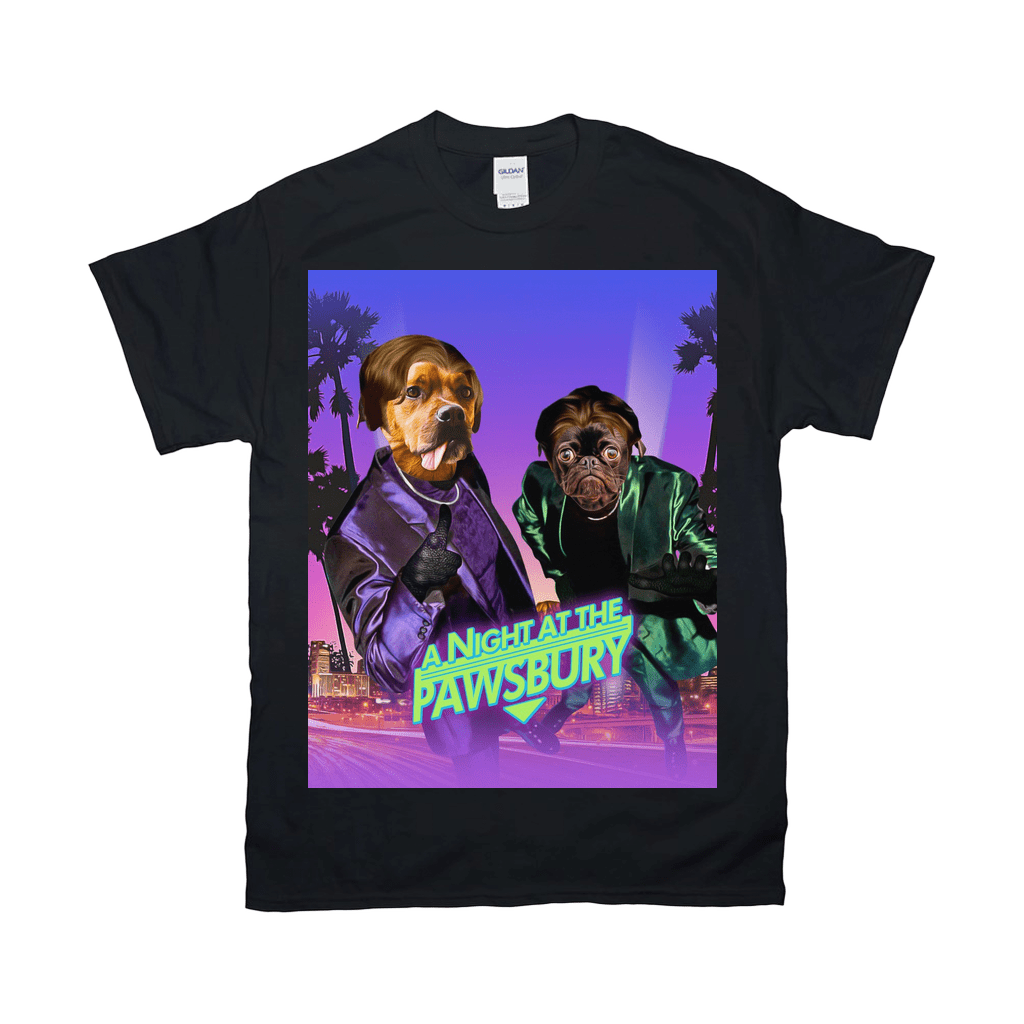 Black Gildan t-shirt with a graphic of two dogs dressed in suits, "A Night at the Pawsbury" text.