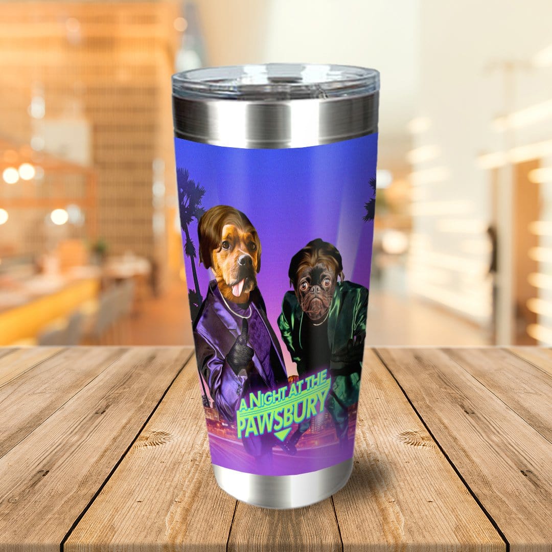 Personalized stainless steel tumbler with two dogs in 80s-style suits and "A Night at the Pawsbury" text.