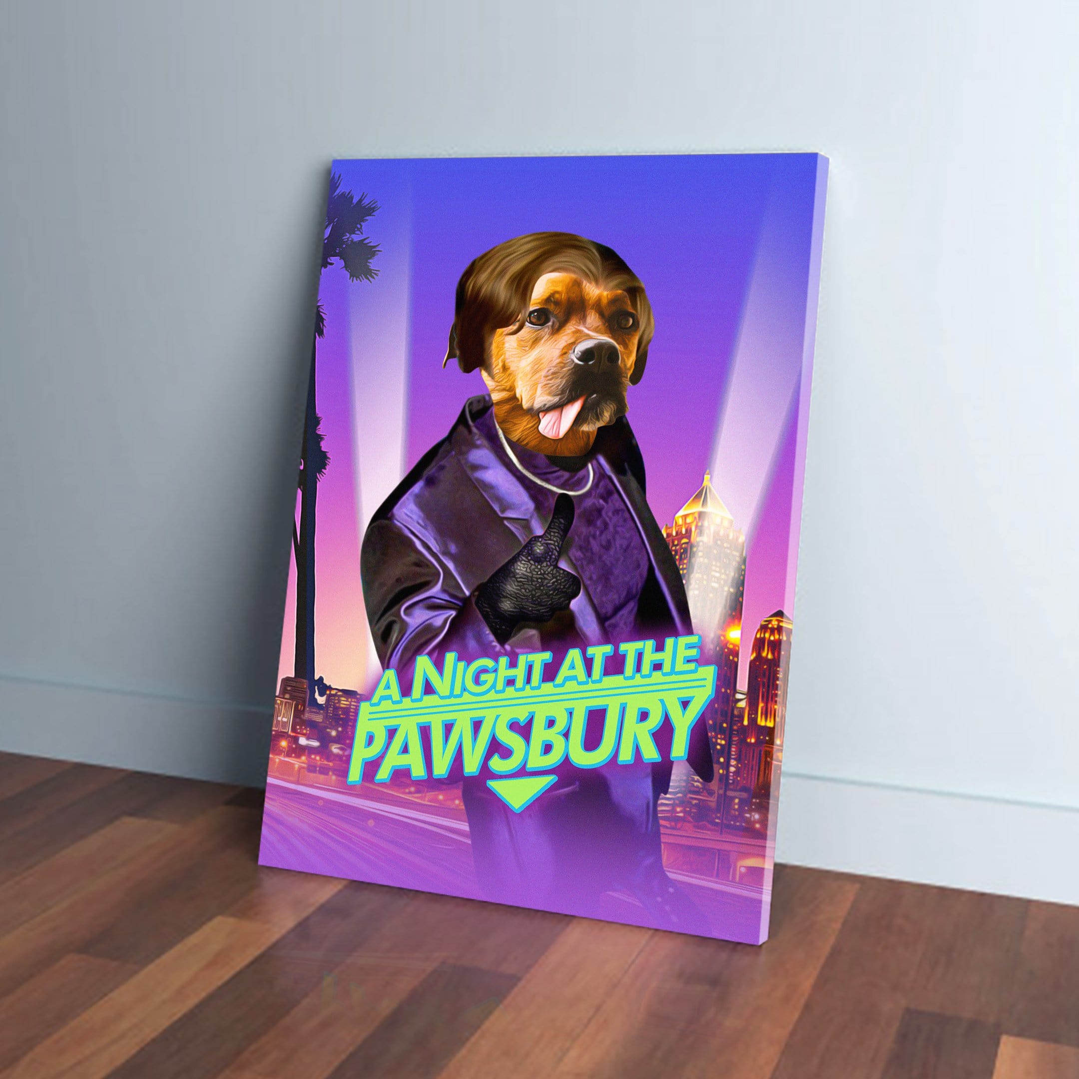 Custom pet portrait canvas featuring a dog in a purple suit with "A Night At The Pawsbury" text.