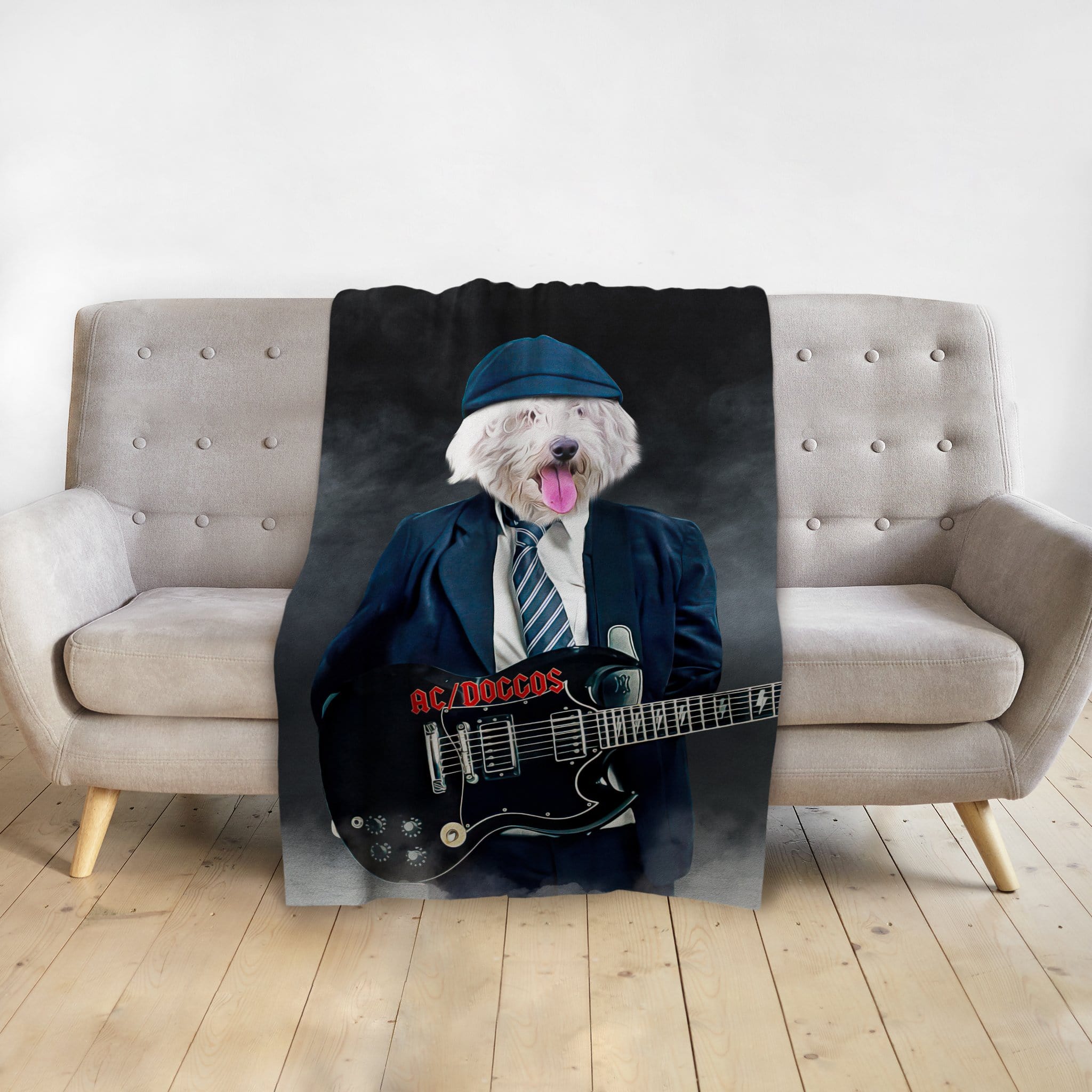 Custom personalized pet blanket with a Doggovinci portrait of a dog playing an electric guitar.